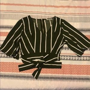 Army green striped cropped blouse